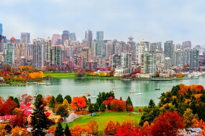 Aerial image, fall foliage, cityscape, Vancouver, British Columbia, Canada. 
