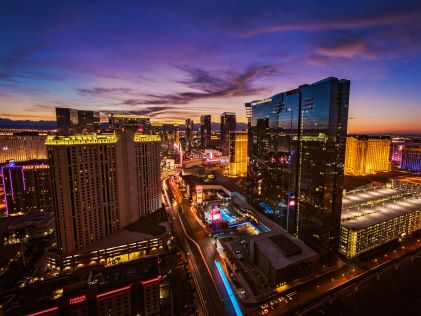 Aerial view of Elara, a Hilton Grand Vacations Club on the Las Vegas Strip at sunset
