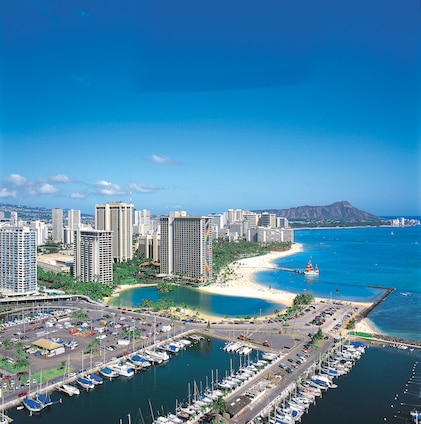 Beautiful beachfront and marina view of Lagoon Tower, a Hilton Grand Vacations Club, Honolulu, Hawaii
