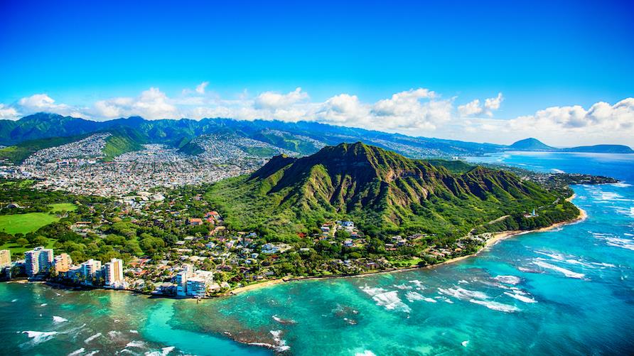 Beautiful aerial view of Diamond Head State Park located adjacent to downtown Honolulu, Hawaii