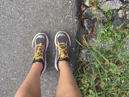 A photo taken by a Hilton Grand Vacations Member of her running shoes before a run