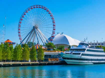 Ferris wheel and boat at Chicago's Navy Pier
