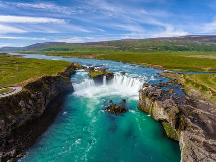 Scenic view of waterfalls near Reykjavik, Iceland in the summer