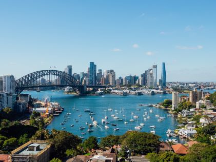 View of bay in Sydney, Australia, with boats on a clear day