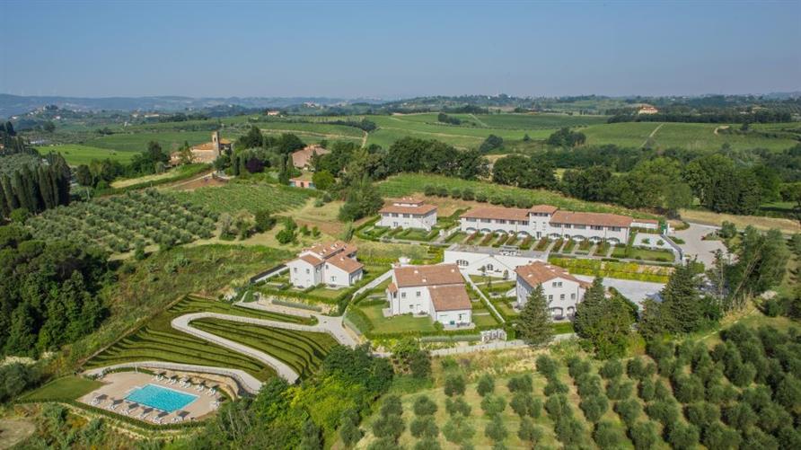 Aerial view of Borgo alle Vigne, a Hilton Grand Vacations Club in Tuscany, Italy