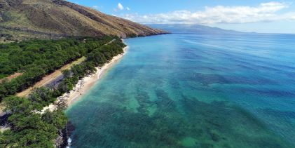 Gorgeous coastline, aerial image, empty open road, lush greenery, crashing waves, clear skies, Maui, Hawaii. 