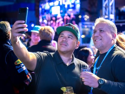 Two people take a selfie at the HGV Clubhouse at the FORMULA 1 HEINEKEN SILVER LAS VEGAS GRAND PRIX