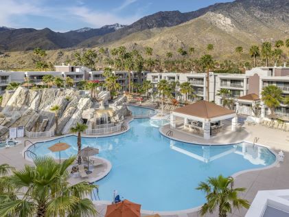 Aerial view of the outdoor pool at Palm Canyon Resort in Palm Springs, California