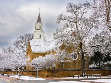 Church in Williamsburg, Virginia, covered in snow