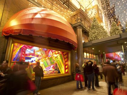 Shop windows with holiday lights and displays in New York City