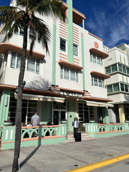 A Hilton Grand Vacations Member outside of McAlpin Ocean Plaza, a Hilton Grand Vacations Club in Miami