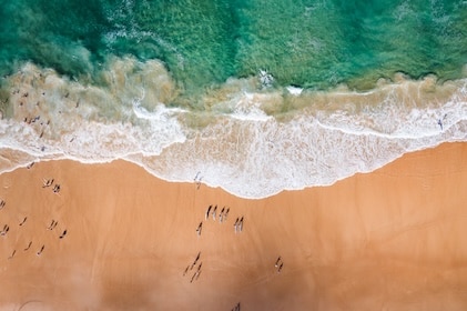 Drone view of Surfer's Paradise in Australia, showing deep aqua water, a line of white surf, and clean golden sand with surfers lining the shore to catch the waves.